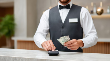Small business receptionist counts cash at hotel desk with card reader and formal uniformの素材