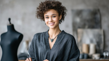 Young small business owner smiling in studio wearing necklace and blouseの素材