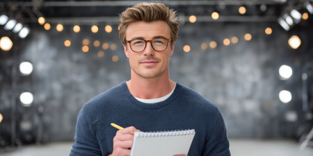 Young man sweater and glasses sketching notebook studio set small business creative planningの素材