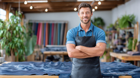 Small business leather workshop owner smiling with apron standing in studioの素材