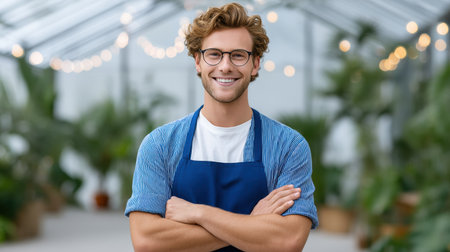 Young small business owner smiling in greenhouse with apron and plantsの素材