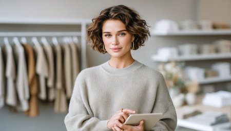 Modern small business owner holding tablet in boutique showroom wearing sweater and hoop earringsの素材