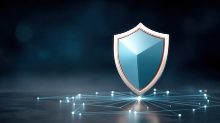 Secure shield fingerprint icon over network nodes glowing blue futuristic cyber security conceptの素材