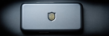 Fingerprint sensor sleek portable device glowing gold and black conveying secure biometric accessの素材