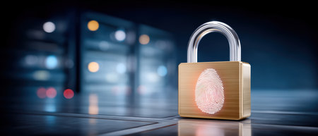 Fingerprint padlock on reflective surface secure biometric access concept protecting dataの素材
