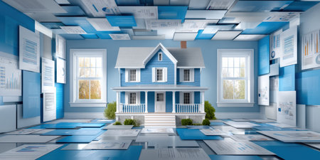 Blue house model on planning table with property layout and finance charts in bright roomの素材