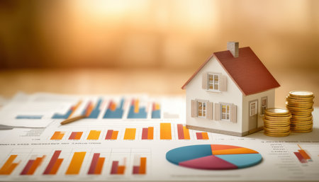 Miniature house financial charts showing property planning and investment strategy with warmの素材