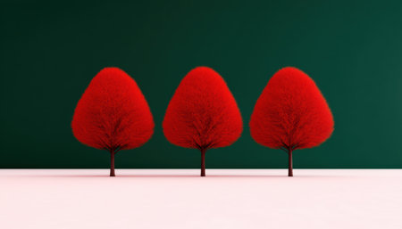 Christmas red tree trio on minimal snowy ground evokes calm festive moodの素材