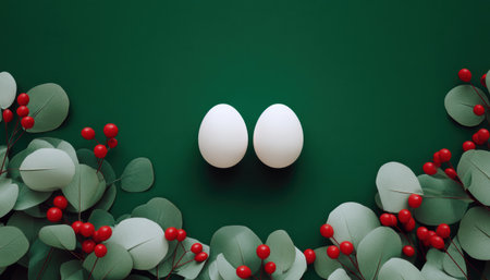 White eggs on green background with festive christmas eucalyptus and red berry accentsの素材