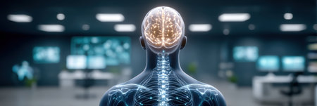 AI healthcare concept glowing brain and neural spine in modern lab settingの素材