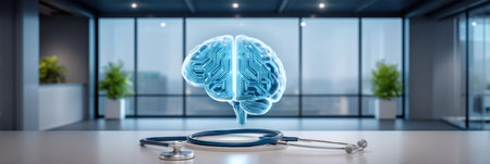Neon circuit brain hologram above stethoscope modern clinic blending ai and healthcare innovationの素材