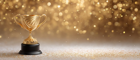 Gold trophy cup victory award shining on glitter surface with festive bokeh lightsの素材