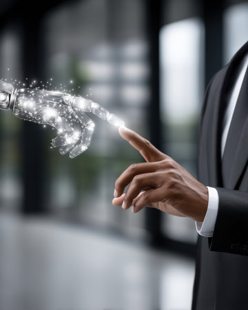 Data modernization human hand and digital robot hand touching connection in office sceneの素材