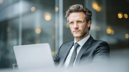 Confident businessman modern office data modernization focusの素材