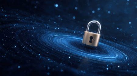 Secure data modernization concept padlock over digital galaxy swirl evoking protection and trustの素材