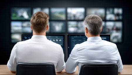 Two professionals monitor video feeds and data modernization in control room focused on securityの素材