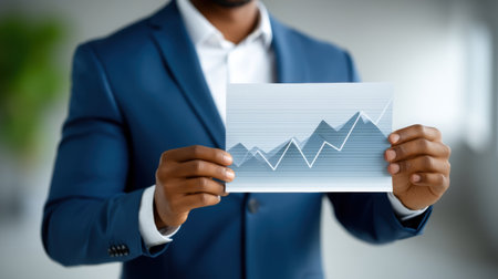 Business professional holding data modernization chart showing rising trend and confidentの素材