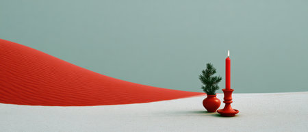 Christmas minimalist still life with red candle and small pine in vase evoking calm joyの素材