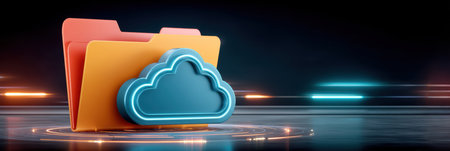 Cloud folder and cybersecurity concept showing secure cloud storage with glowing interfaceの素材