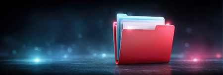 Cybersecurity folder concept with glowing digital files and secure data protection moodの素材