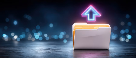 Secure file upload concept cybersecurity folder with neon upload arrow glowing in dark bokehの素材