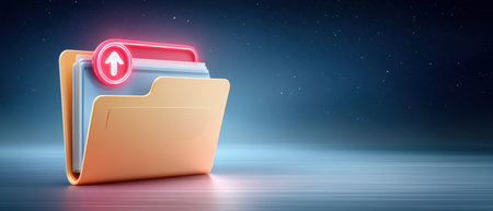 Secure file folder with upload icon and cybersecurity protection glowing futuristic digitalの素材