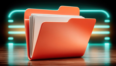 Orange file folder with documents on glossy floor cybersecurity concept glowing neon linesの素材