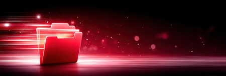 Red glowing folder moving through digital space symbolizing cybersecurity and fast data transferの素材