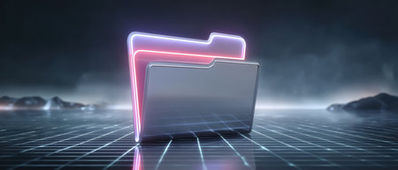 Neon folder on digital grid symbolizes cybersecurity and data organization in futuristic settingの素材
