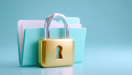 Secure folder concept cybersecurity protecting confidential data with padlock and pastel fileの素材