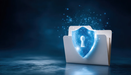 Data security concept folder with glowing shield lock protecting digital filesの素材