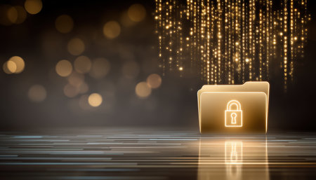 Golden folder data security glow with padlock icon and falling binary lightsの素材