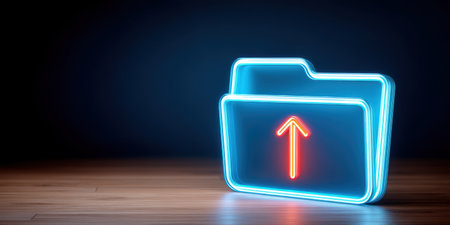 Neon folder upload data security glowing icon on wooden table modern conceptの素材
