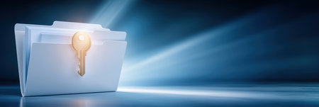 Secure file folder with glowing key symbolizing data security and digital protectionの素材