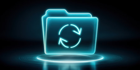 Neon folder update data security sync icon glowing blue digital backupの素材