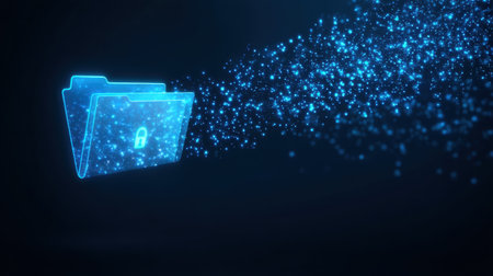 Secure data folder glowing digital particles and security concept with locked file iconの素材