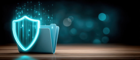 Neon folder with glowing shield symbol conveying data security and protected digital filesの素材