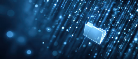 Digital folder with glowing data security stream and futuristic binary code protectingの素材
