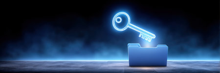 Neon key and folder symbol representing data security and digital access in blue glowの素材