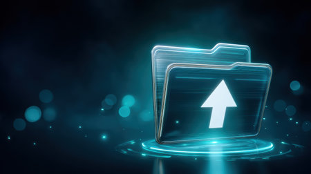 Secure data backup folder glowing with upload arrow in neon cloud security sceneの素材