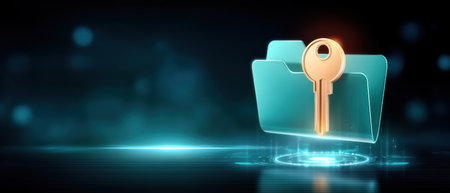 Secure file folder with glowing key symbol representing data security and digital privacyの素材