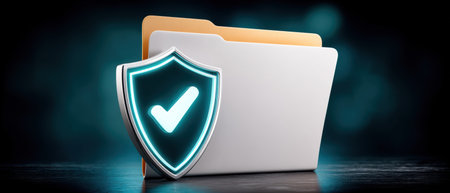 Secure folder and shield with checkmark symbol highlighting data security and file protectionの素材
