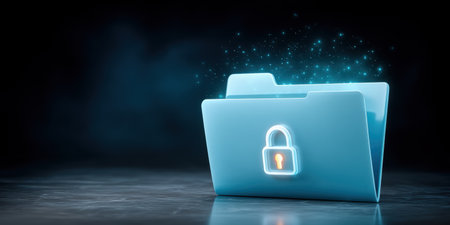 Secure file folder glowing with data and security icon in dark technology sceneの素材