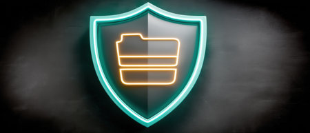 Neon shield with folder icon symbolizing data security and digital protectionの素材