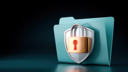 Secure folder with padlock and shield symbol protecting data security and privacyの素材