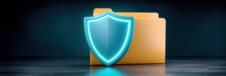 Neon shield protecting folder data security and privacy in modern digital environmentの素材