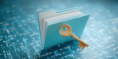 Secure folder with key on digital circuit background showing data security protectionの素材