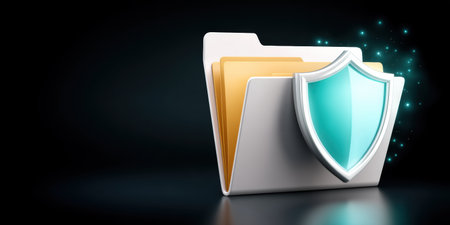 Secure folder concept showing data security shield protecting files and privacy with glowingの素材