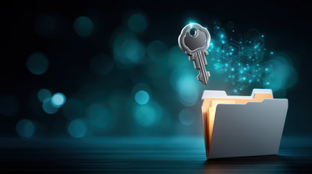 Secure folder with glowing key and data security concept in digital cloud backgroundの素材