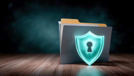Secured file folder with glowing shield icon representing data security and privacy protectionの素材